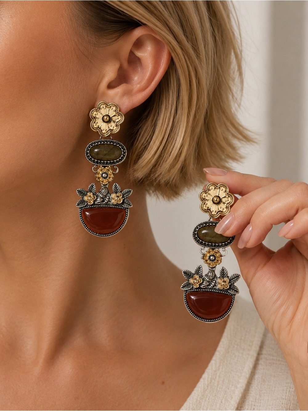 Gold Floral bohemian Drop Earrings with Red and Olive Stones